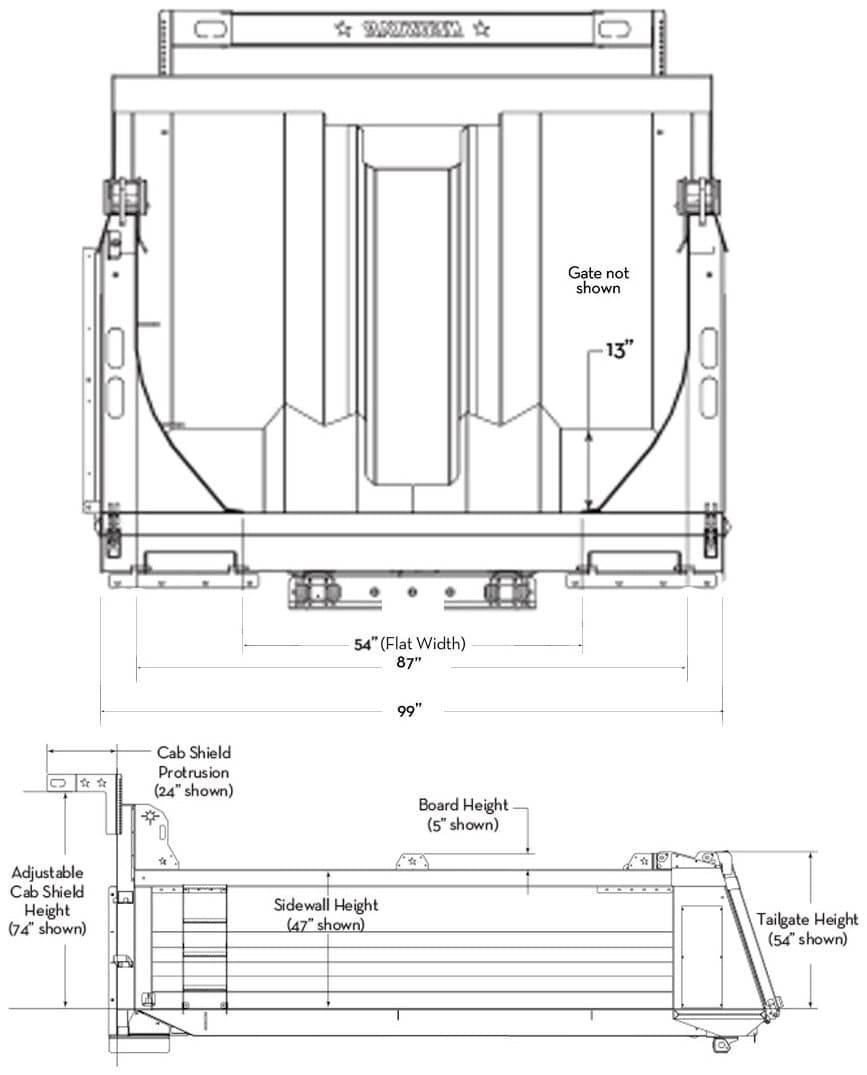 NeuStar Radius gravel box dimensional drawing showing sidewall, board, tailgate and cab shield heights